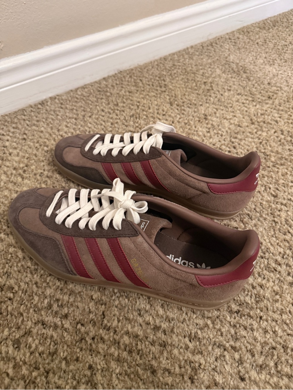 adidas Men's Suede Sneakers in Taupe with Burgundy Stripes